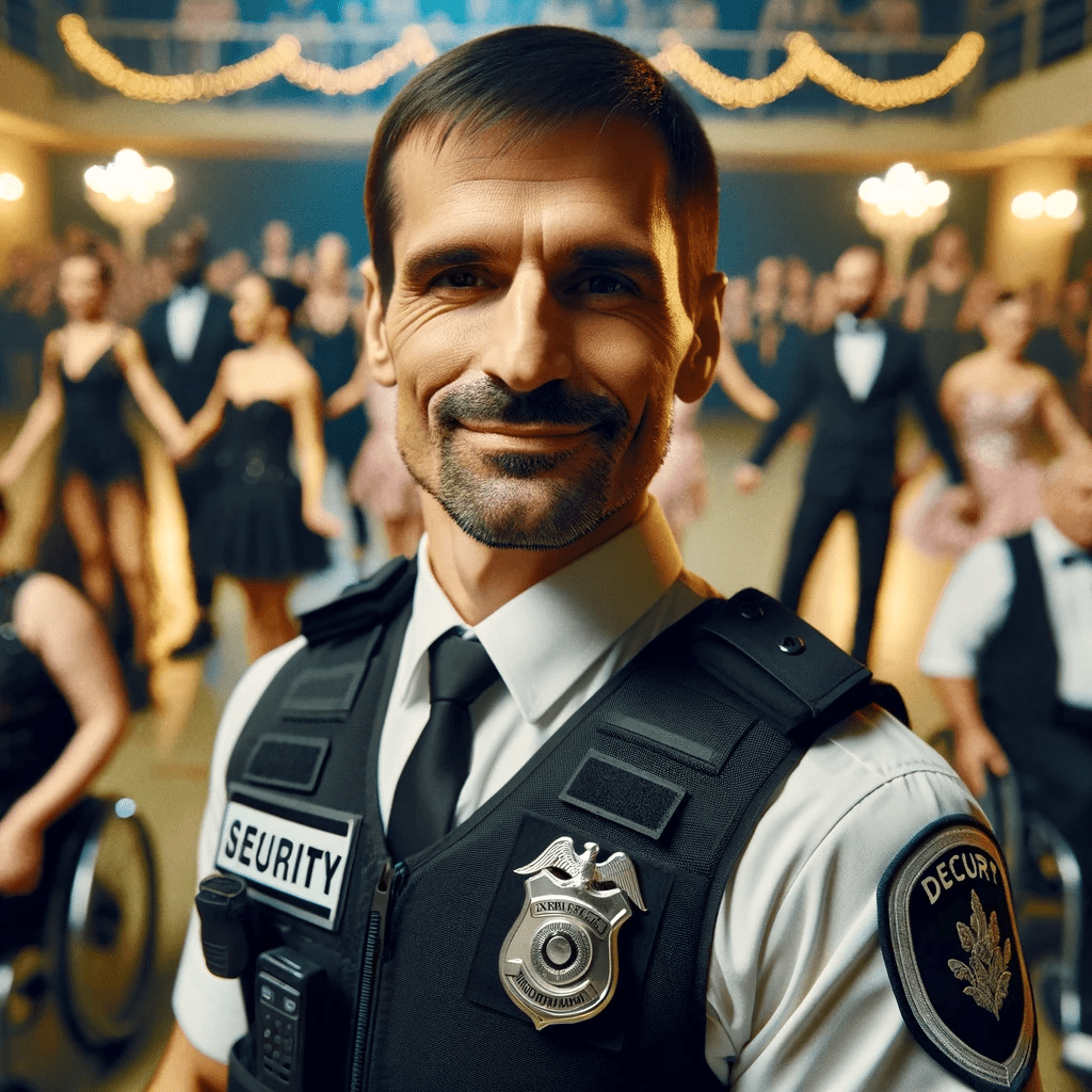 A bearded security officer smiles at the camera as honored guests and their buddies dance in the background