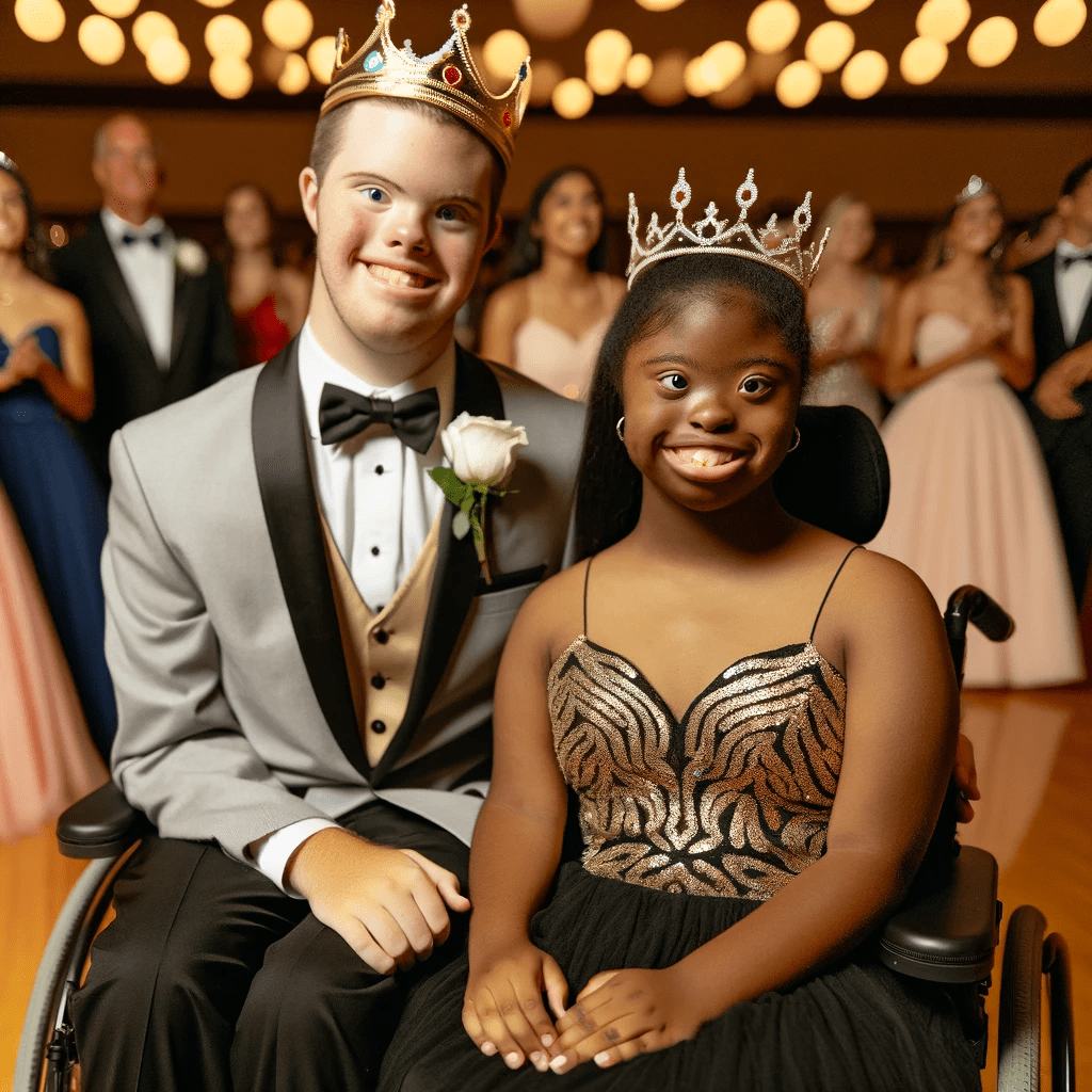 A young man and woman with down syndrome sit next to one another. Both are dressed in semi formal outfits and smiling at the camera.