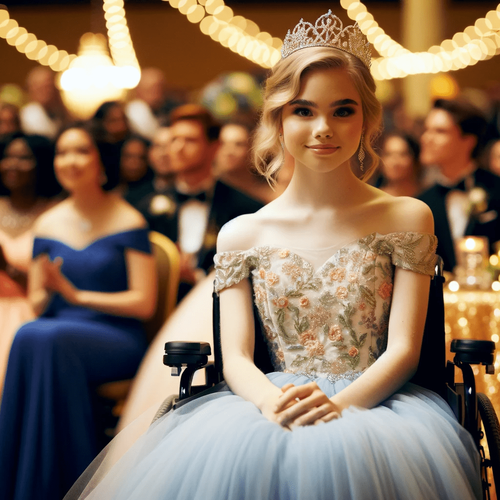 A young woman in a beautiful gown and a tiara sits in her wheelchair smiling at the camera