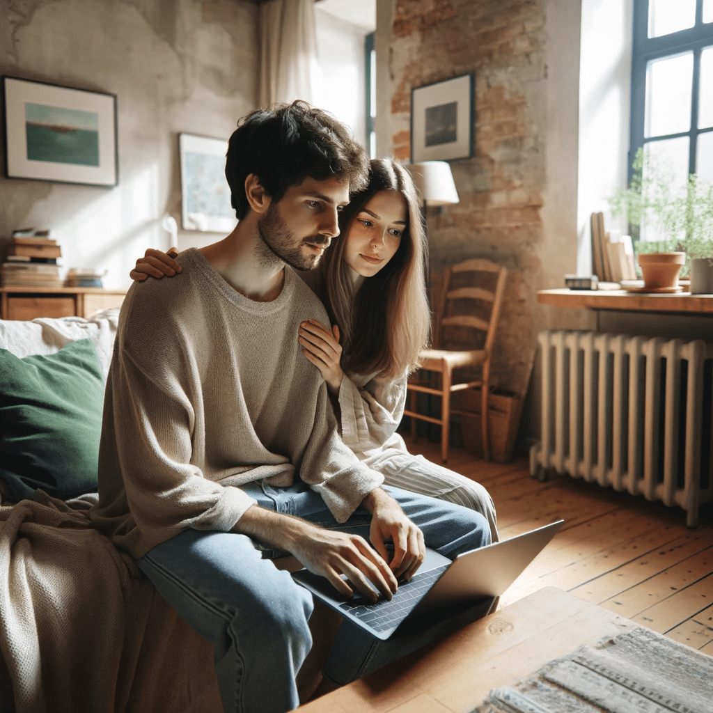 A young couple in their apartment looking at a computer