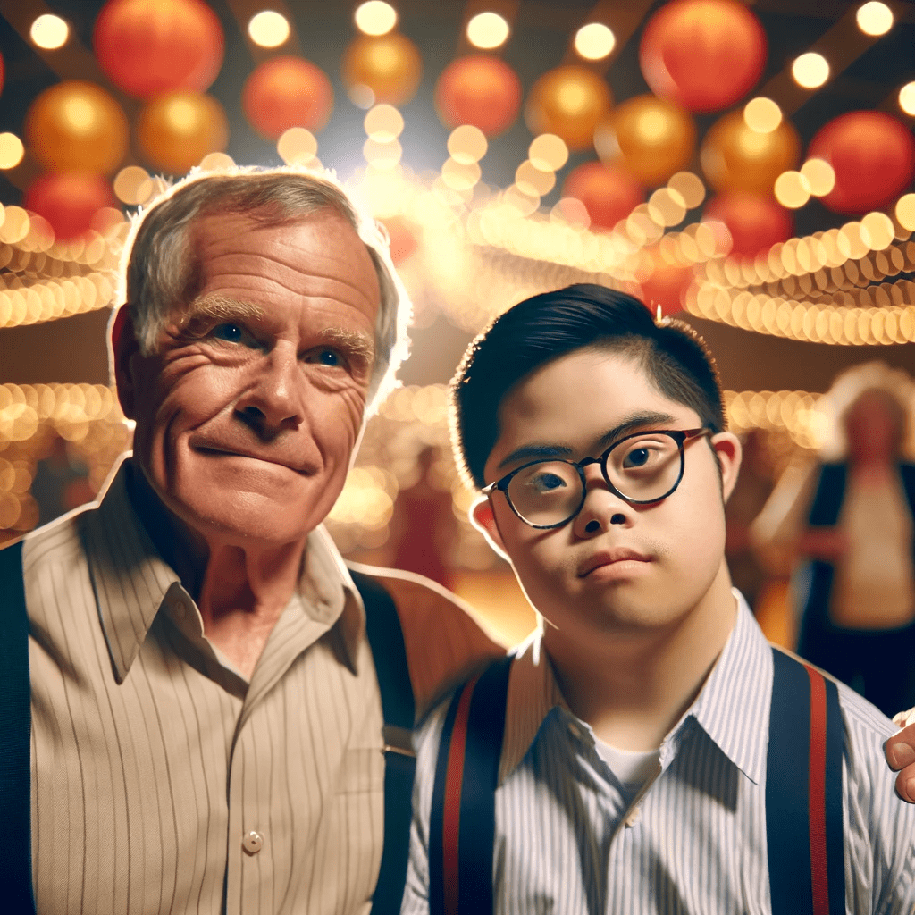 Older gentleman standing with a young Asian man with Down Syndrome. He is wearing classes. Both are smiling at the camera